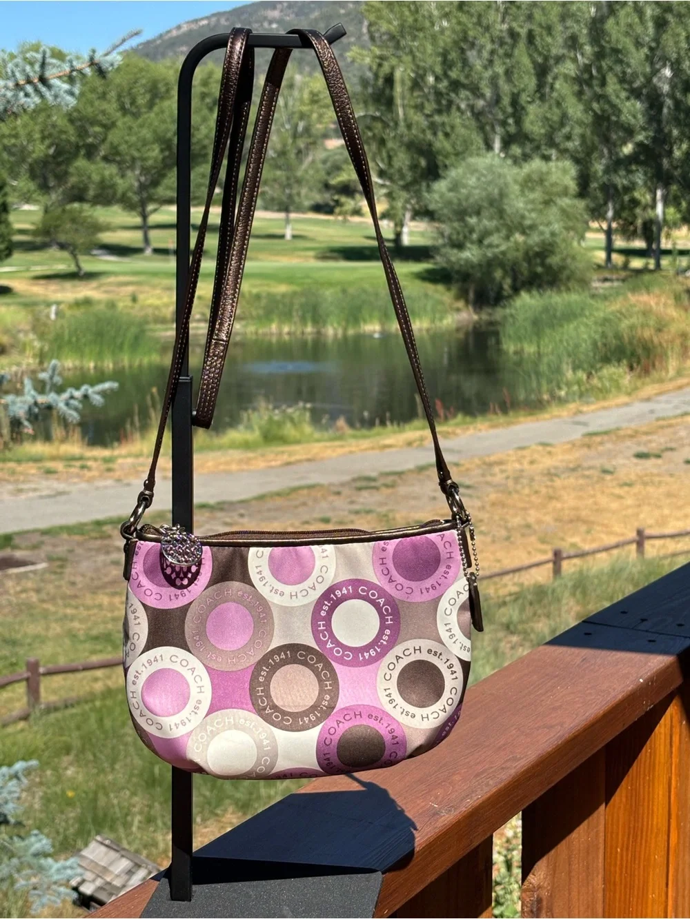 COACH Pink, Purple & Brown Circle Print Shoulder Bag